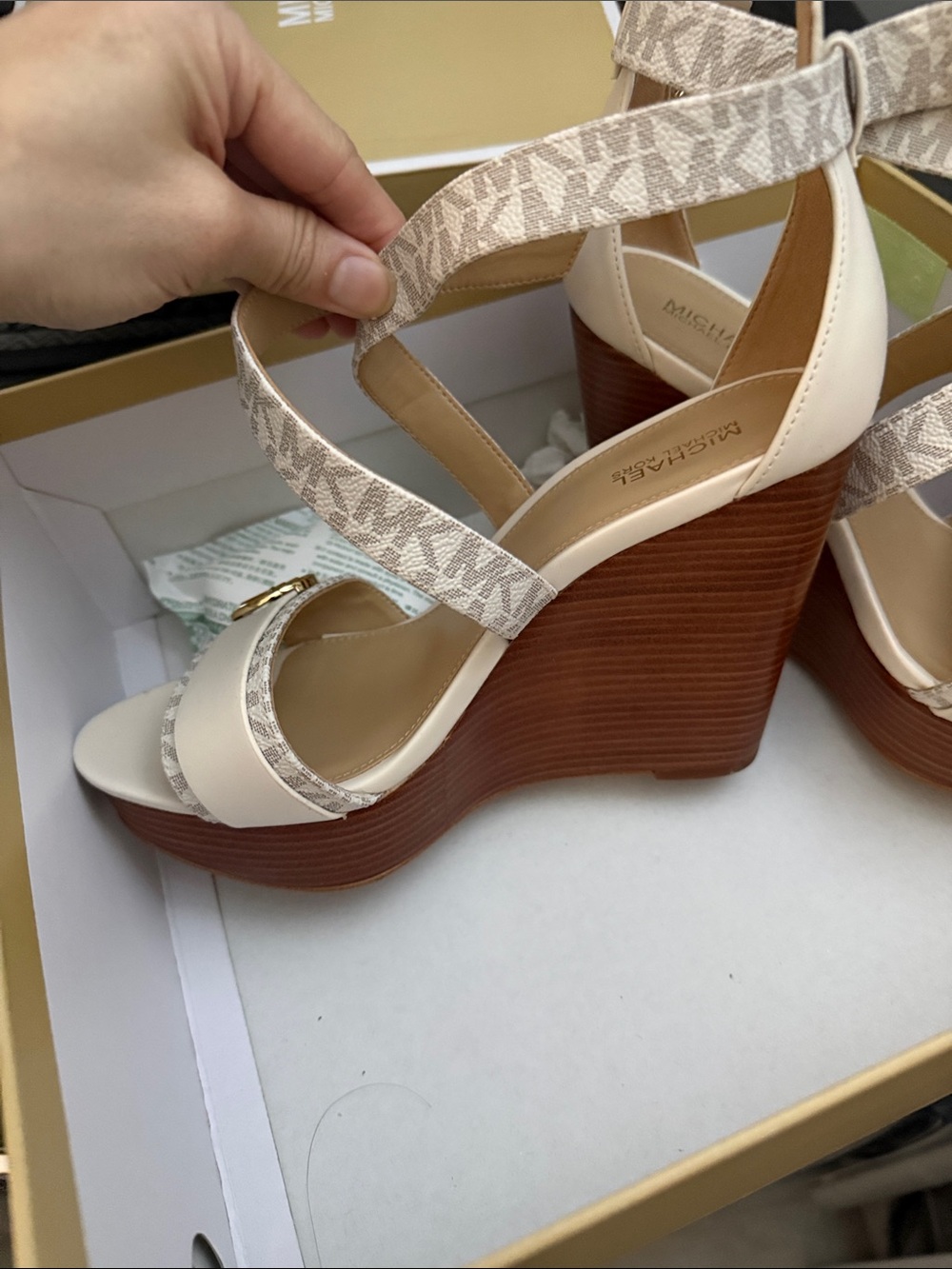 Michael Kors Cream and Brown Logo-Strap Platform Wedges